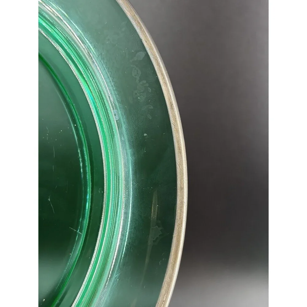 Vintage Green Depression Uranium Glass 4 Piece Large Silver Divided Dish Glow